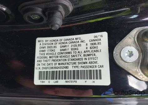 2016 Honda Civic Ex-T from USA, damaged, VIN 2HGFC3B39GH352480